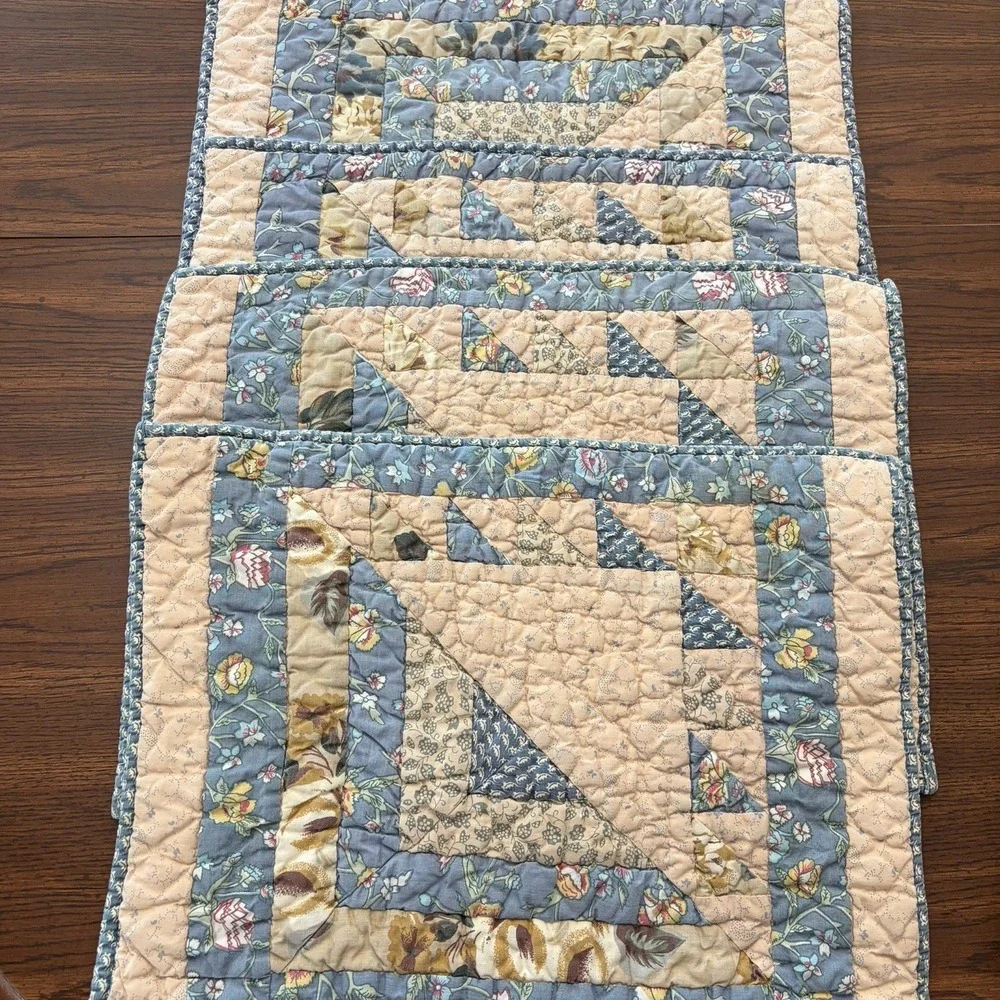 Set of 4 Patchwork Quilted Placemats Floral Shabby Chic Country Blue Beige 13x17